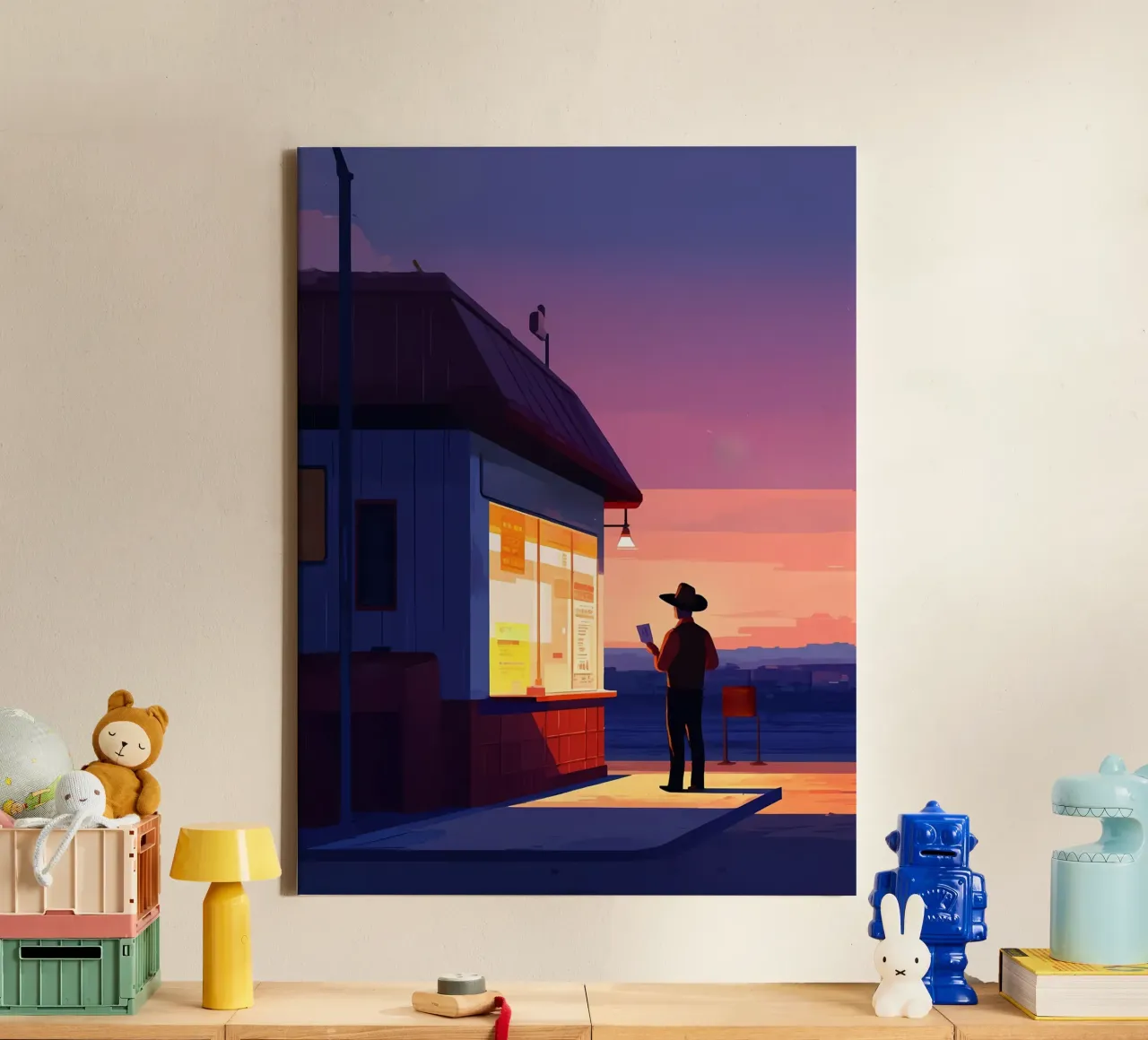 Cowboy bij zonsondergang Lofi Art canvas met Baklijst van LoFi Gallery
