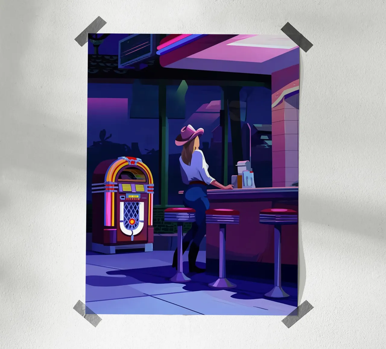Cowgirl an der Bar in Abend Lofi Kunst Poster mit Aluminium Rahmen von LoFi Gallery