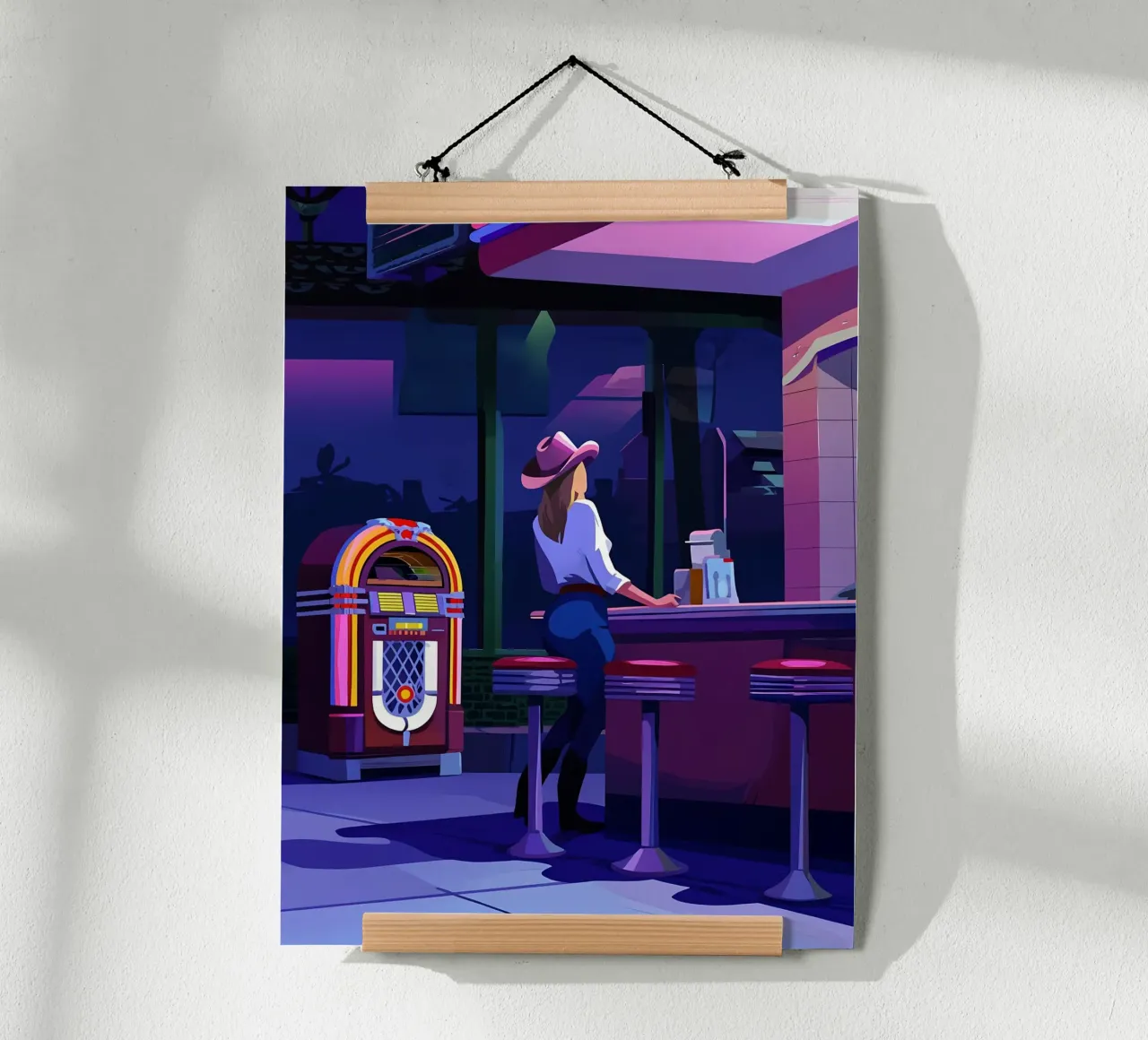 Cowgirl an der Bar in Abend Lofi Kunst Poster mit Aluminium Rahmen von LoFi Gallery