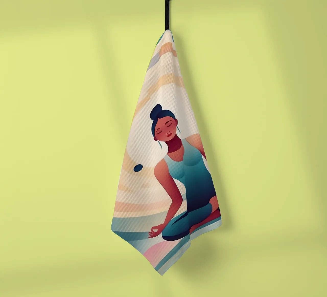Frau übt Meditation inmitten eines lebhaften abstrakten Hintergrunds Geschirrtuch von DesignDoodle