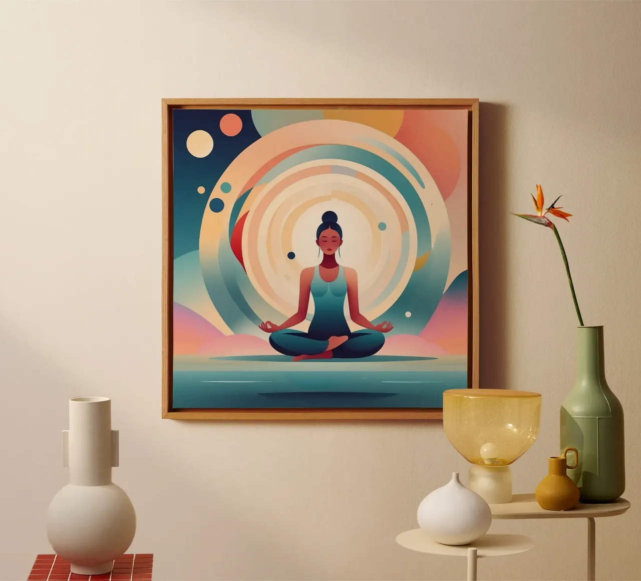 Vrouw oefent meditatie te midden van levendige abstracte achtergrond canvas met Baklijst van DesignDoodle