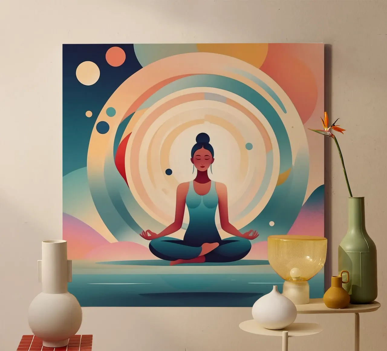 Vrouw oefent meditatie te midden van levendige abstracte achtergrond canvas met Baklijst van DesignDoodle