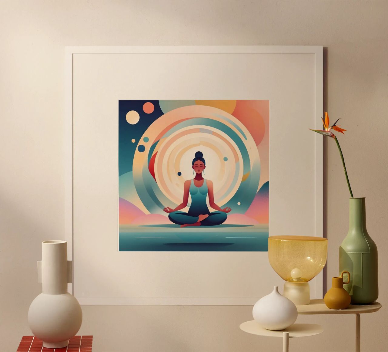 Woman practice meditation amidst vibrant abstract background poster by DesignDoodle