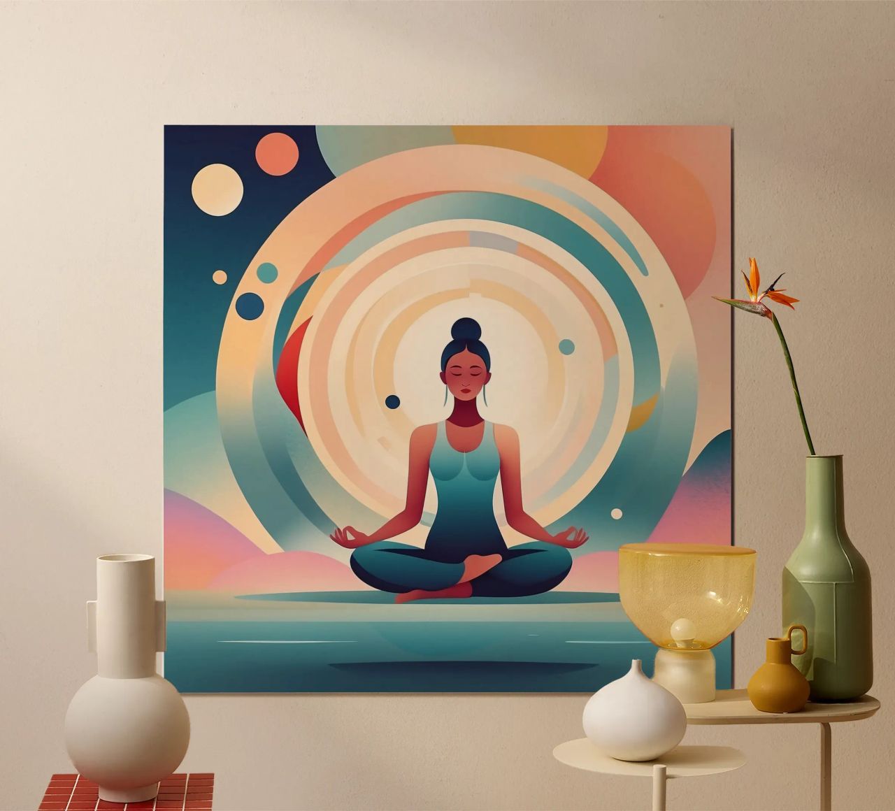 Woman practice meditation amidst vibrant abstract background poster by DesignDoodle