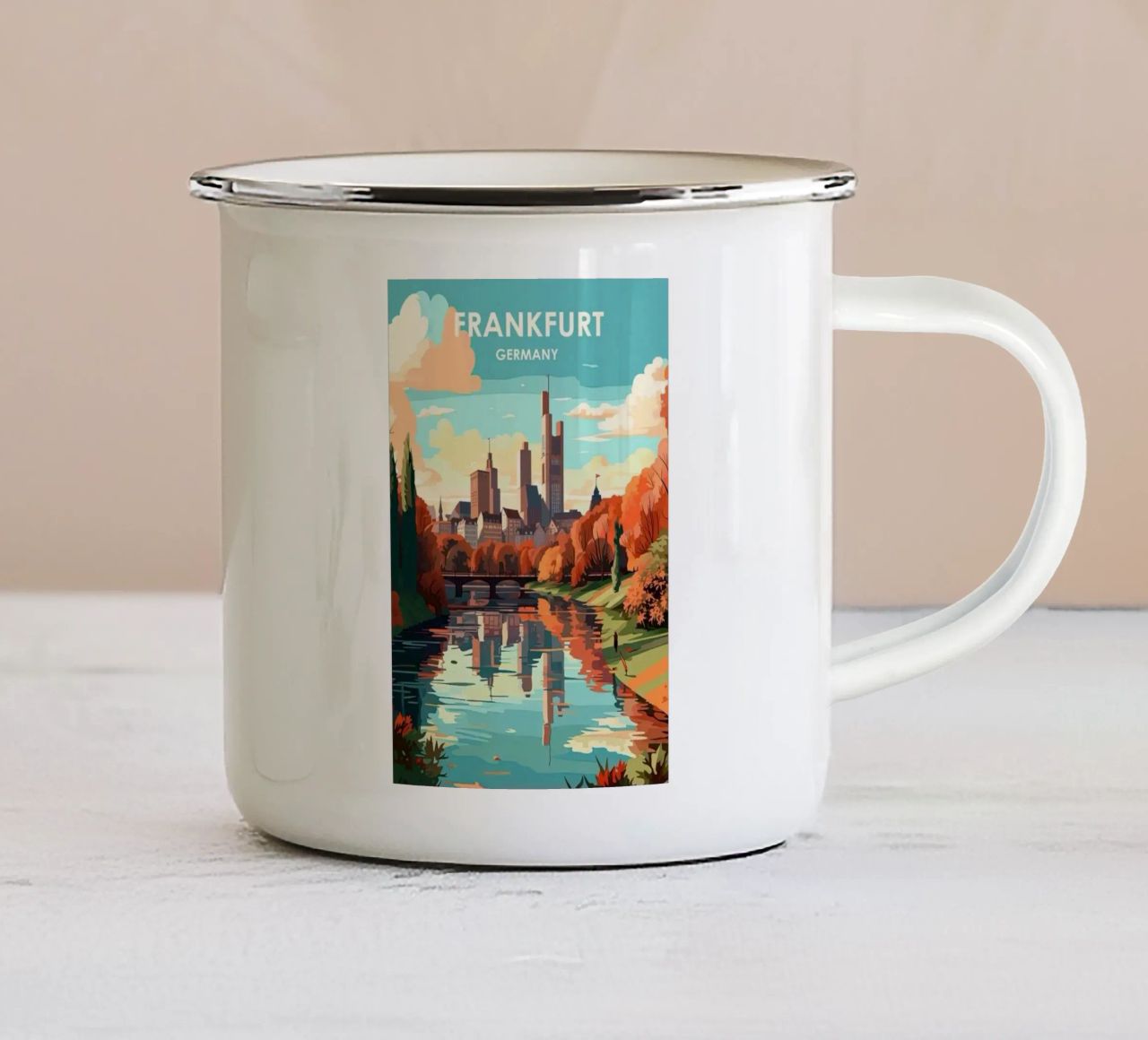 Komm mit auf die Reise nach Frankfrut Emaille Tasse von youngs print