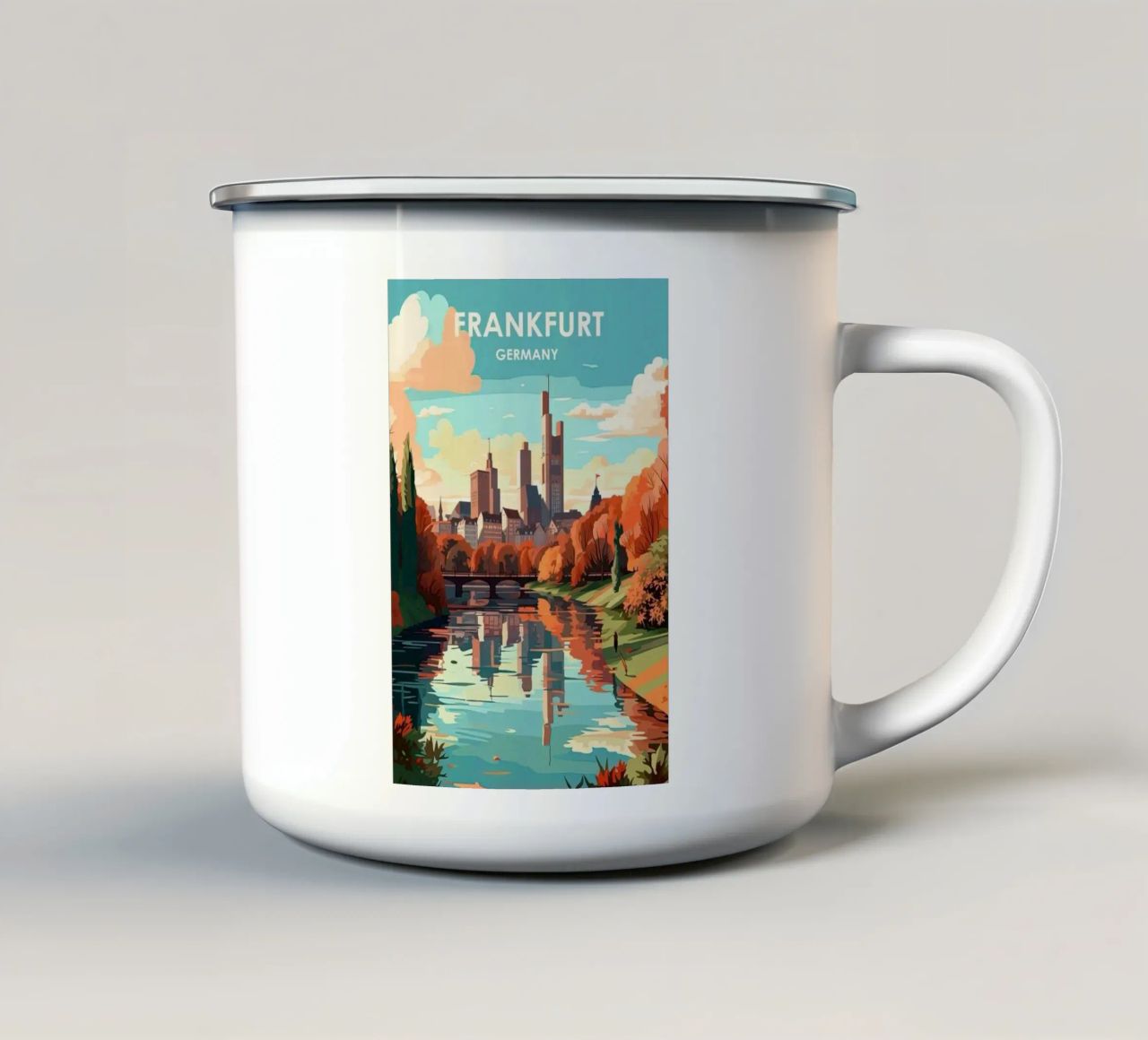 Komm mit auf die Reise nach Frankfrut Emaille Tasse von youngs print