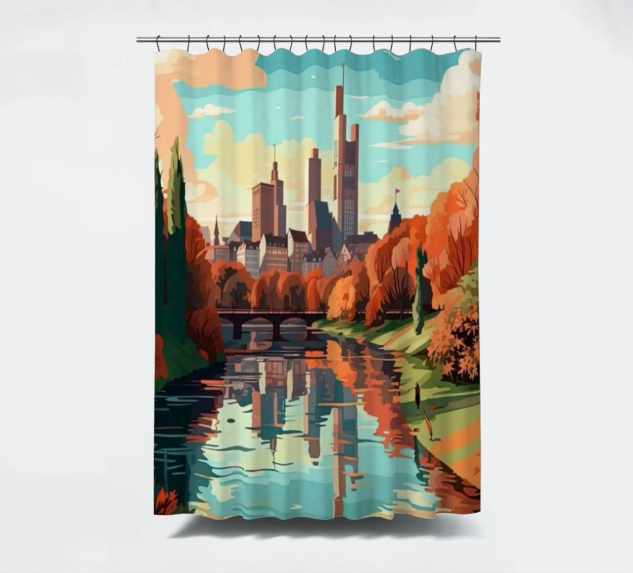 Komm mit auf die Reise nach Frankfrut Duschvorhang von youngs print