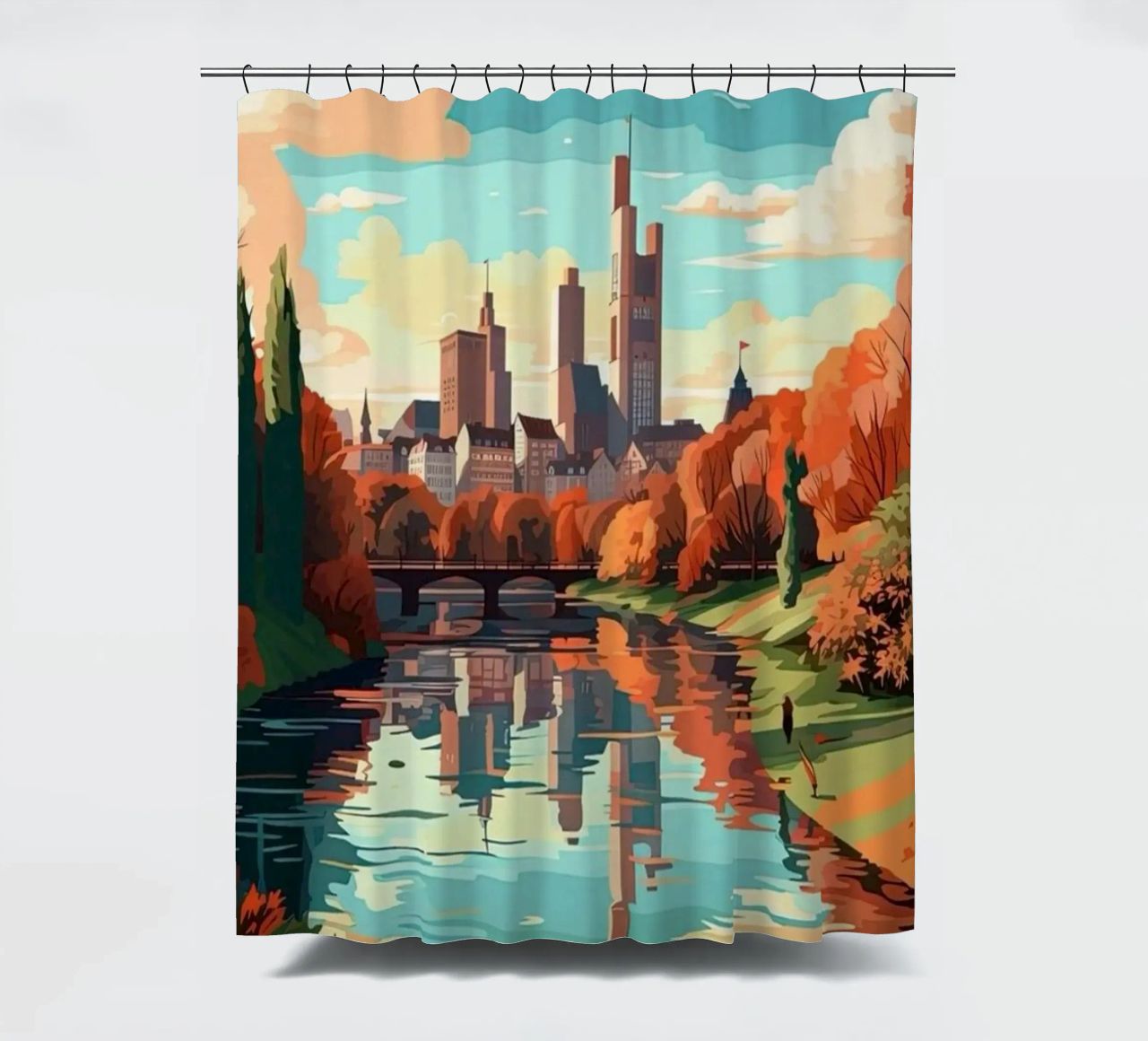 Komm mit auf die Reise nach Frankfrut Duschvorhang von youngs print