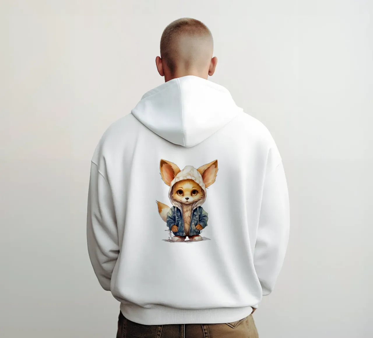 Aquarell-Cartoon-Fennec-Fuchs im Kapuzenpulli Hoodie von Animal Portraits