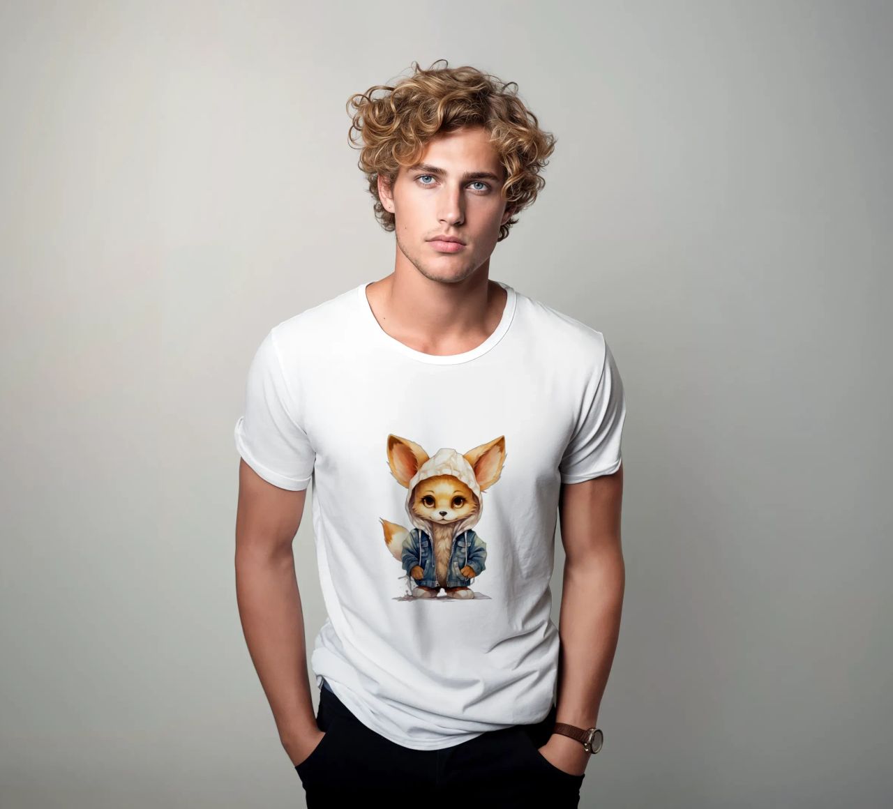 Acquerello Cartoon Fennec Fox in una felpa con cappuccio t-shirt da Animal Portraits
