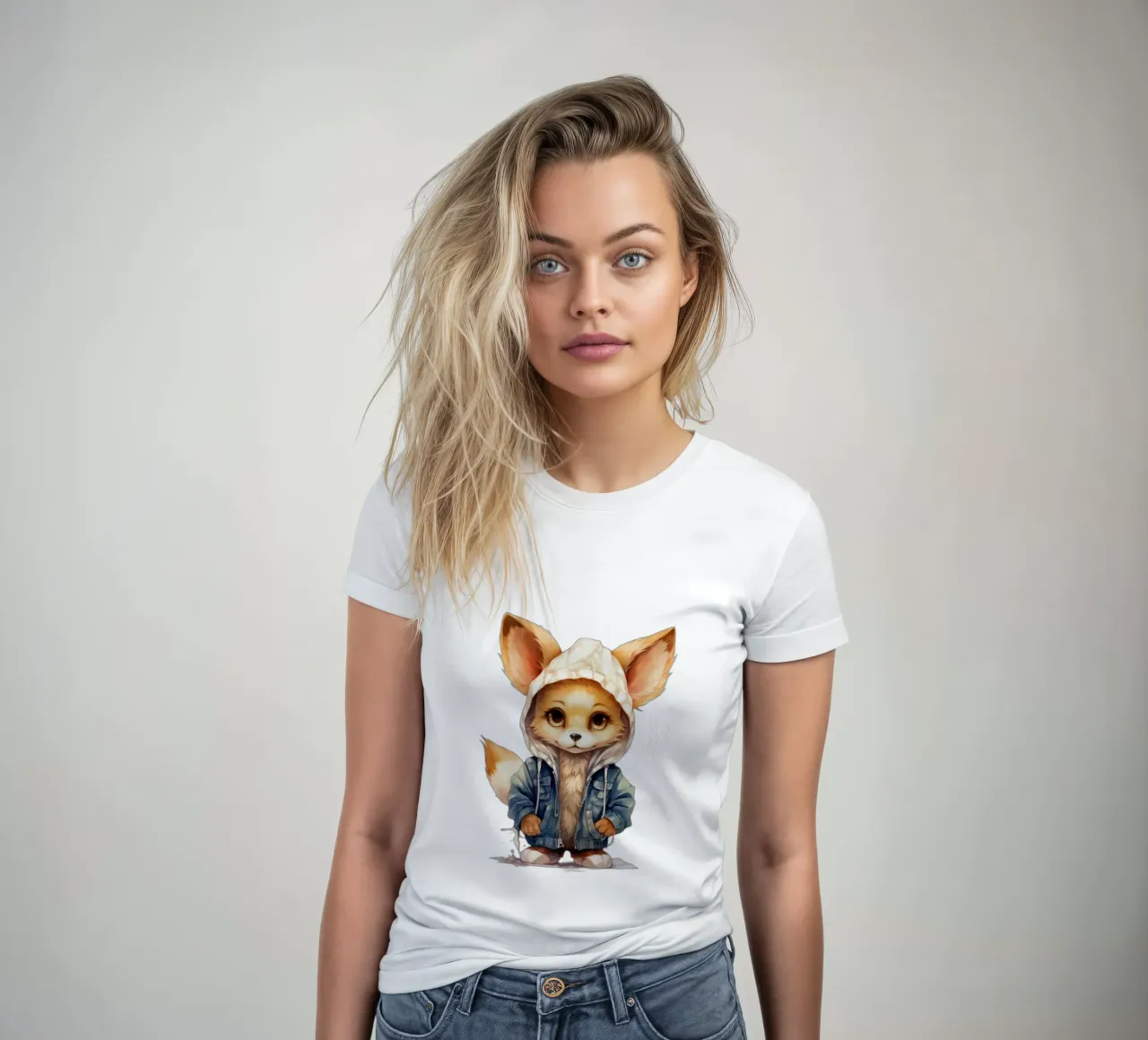 Acquerello Cartoon Fennec Fox in una felpa con cappuccio t-shirt da donna da Animal Portraits