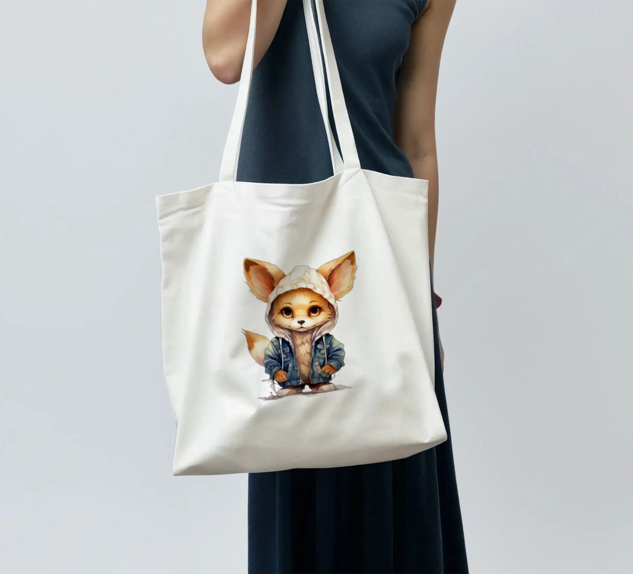 Acquerello Cartoon Fennec Fox in una felpa con cappuccio borsa in juta da Animal Portraits