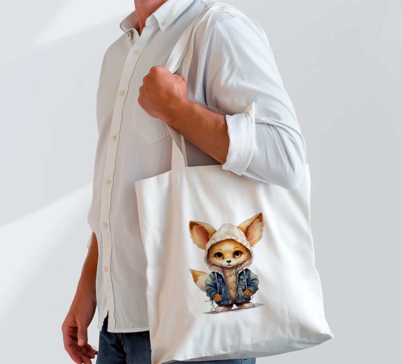 Acquerello Cartoon Fennec Fox in una felpa con cappuccio borsa in juta da Animal Portraits