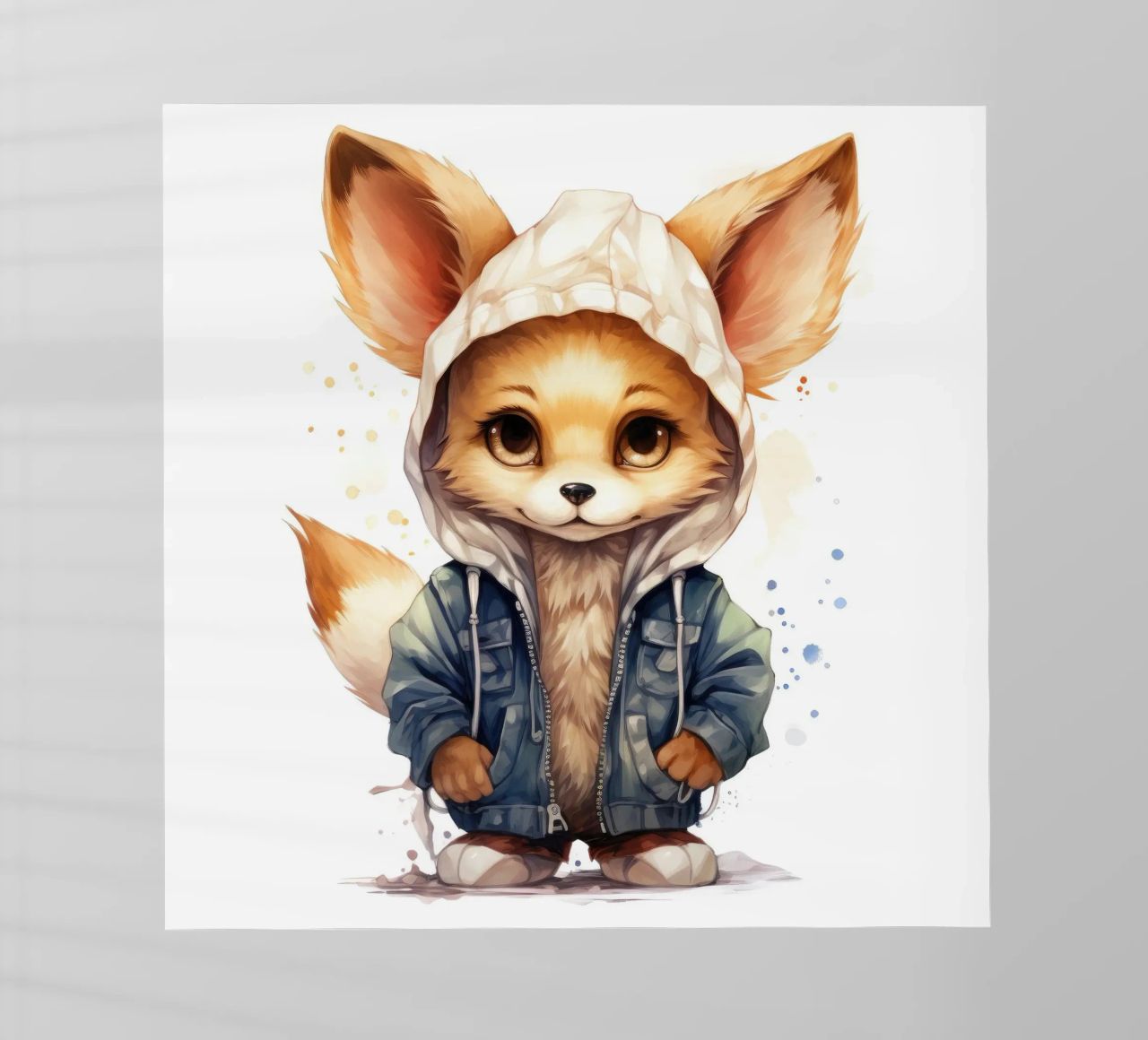 Acquerello Cartoon Fennec Fox in una felpa con cappuccio pellicola backlit da Animal Portraits