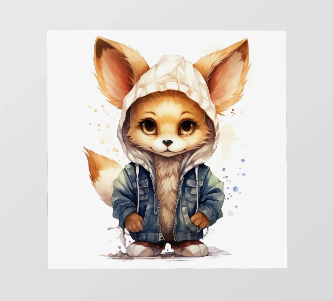 Acquerello Cartoon Fennec Fox in una felpa con cappuccio pellicola backlit da Animal Portraits