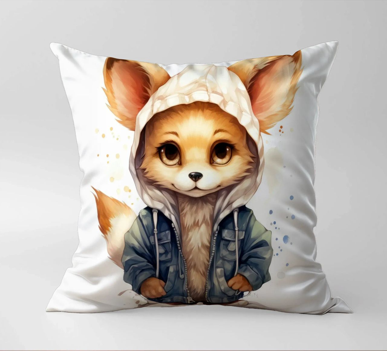 Acquerello Cartoon Fennec Fox in una felpa con cappuccio cuscino da Animal Portraits