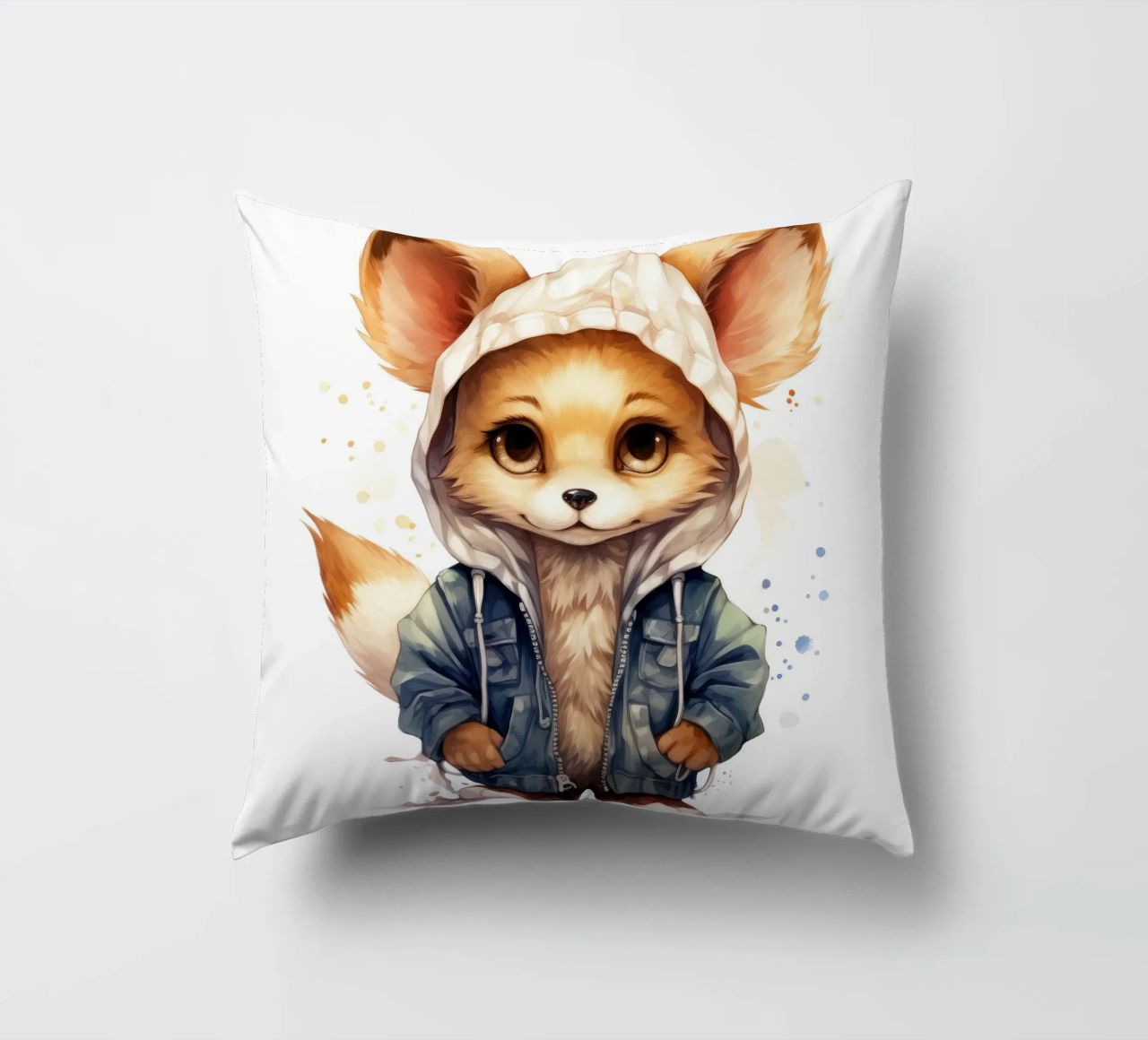 Acquerello Cartoon Fennec Fox in una felpa con cappuccio cuscino da Animal Portraits