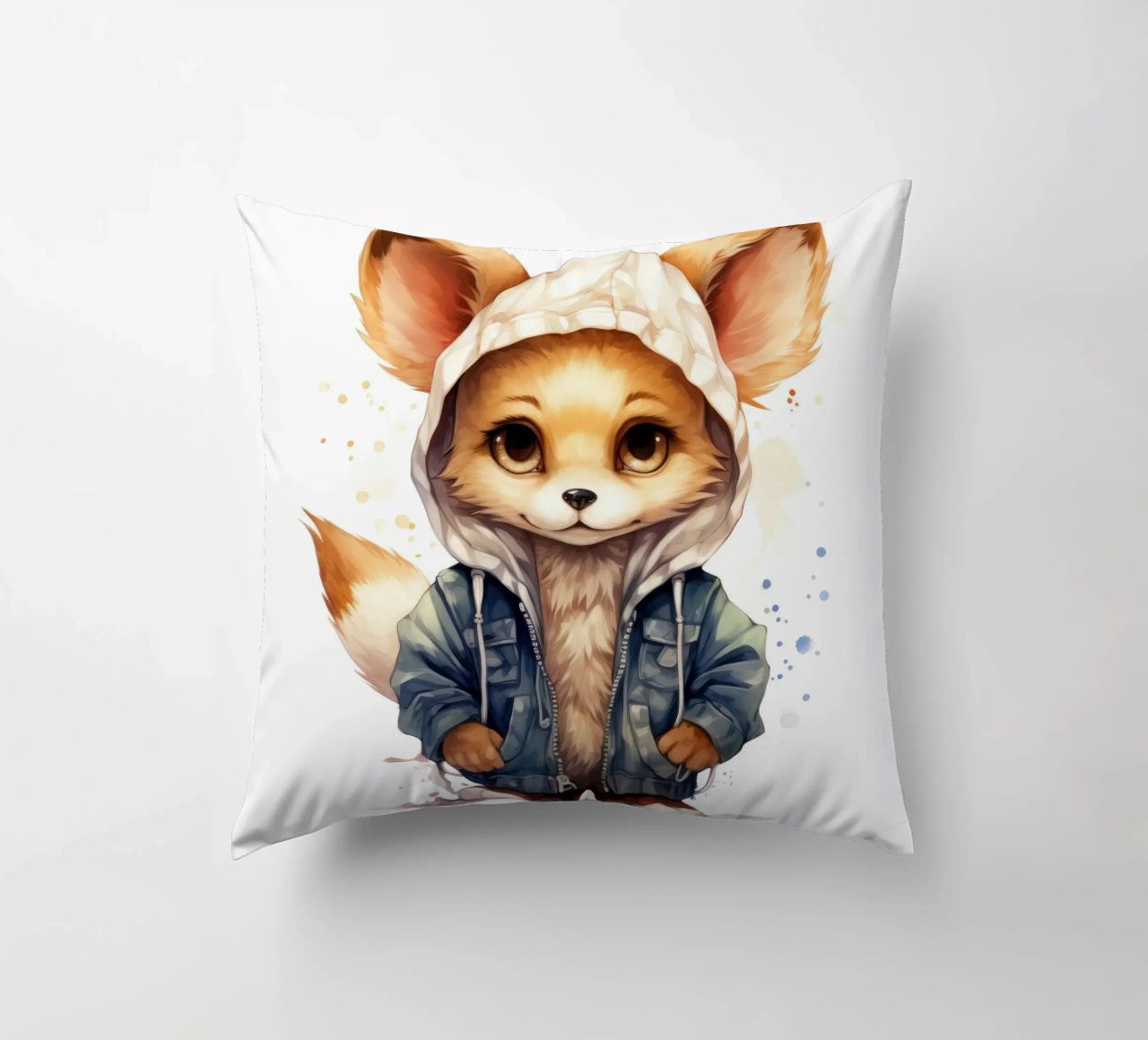Acquerello Cartoon Fennec Fox in una felpa con cappuccio cuscino da Animal Portraits