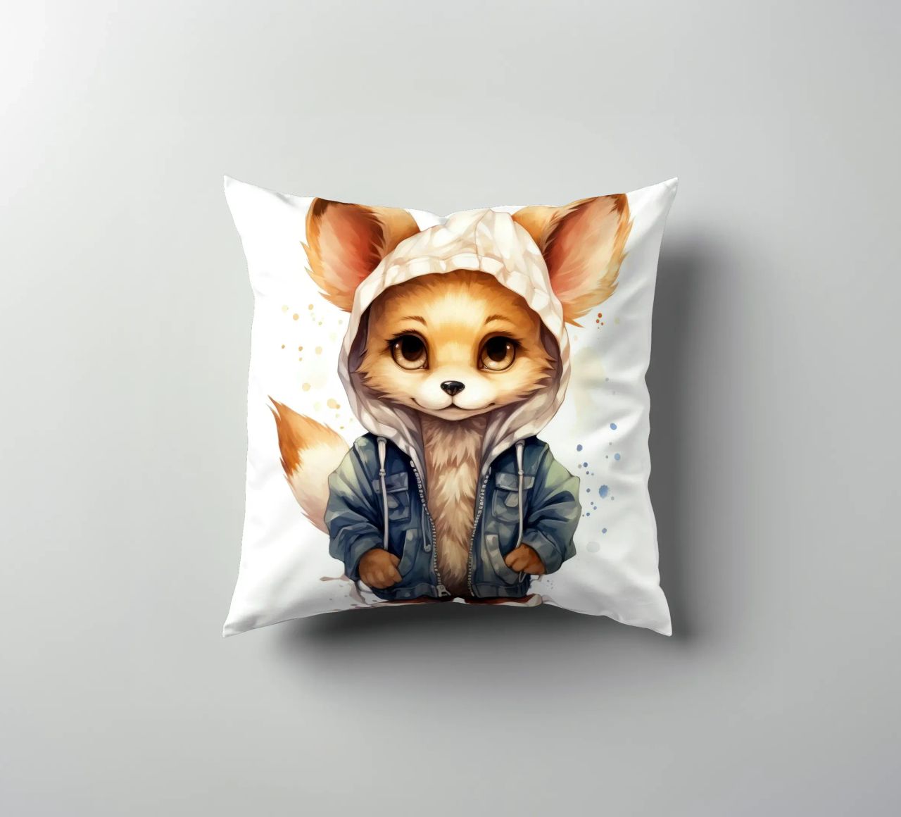 Acquerello Cartoon Fennec Fox in una felpa con cappuccio cuscino da Animal Portraits