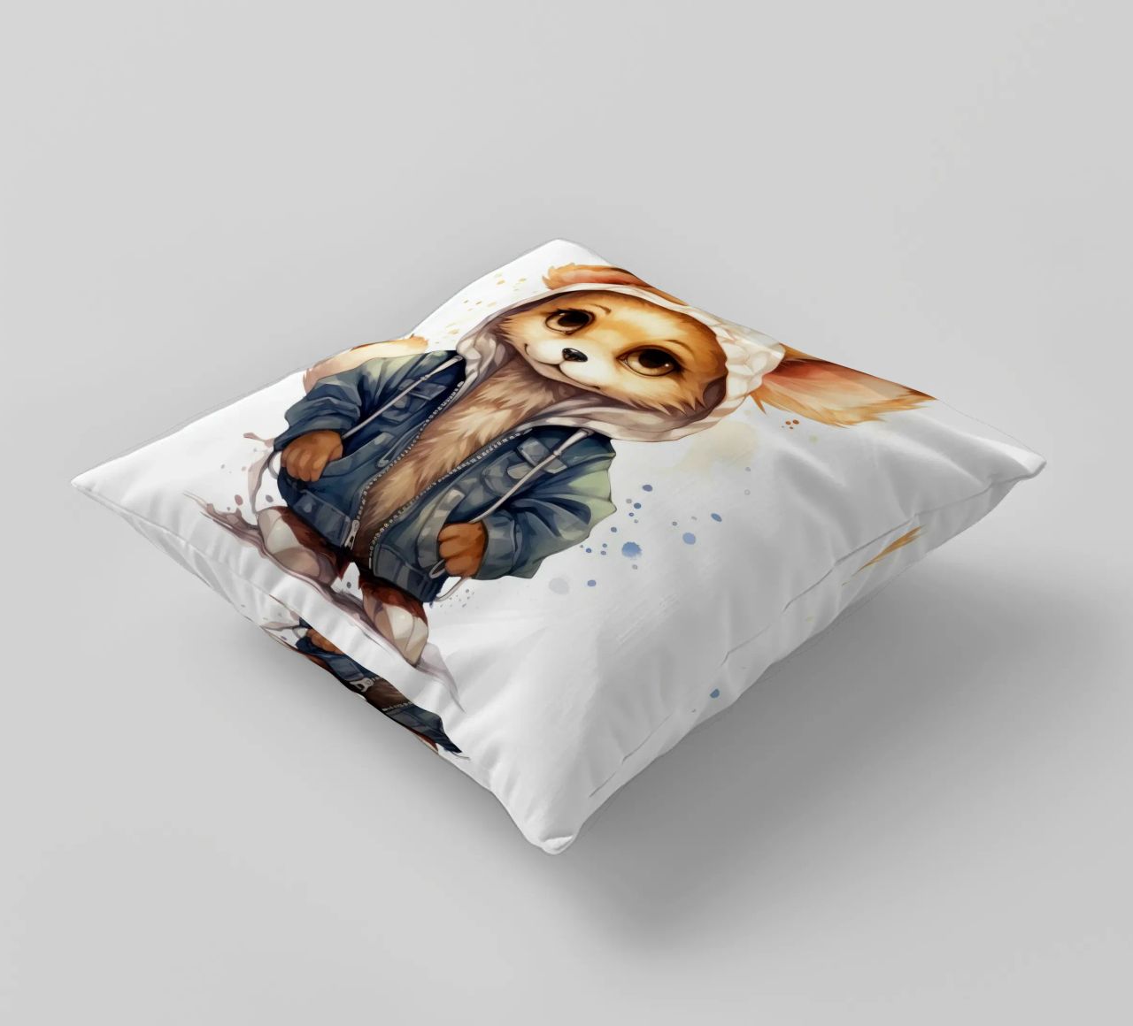 Acquerello Cartoon Fennec Fox in una felpa con cappuccio cuscino da Animal Portraits