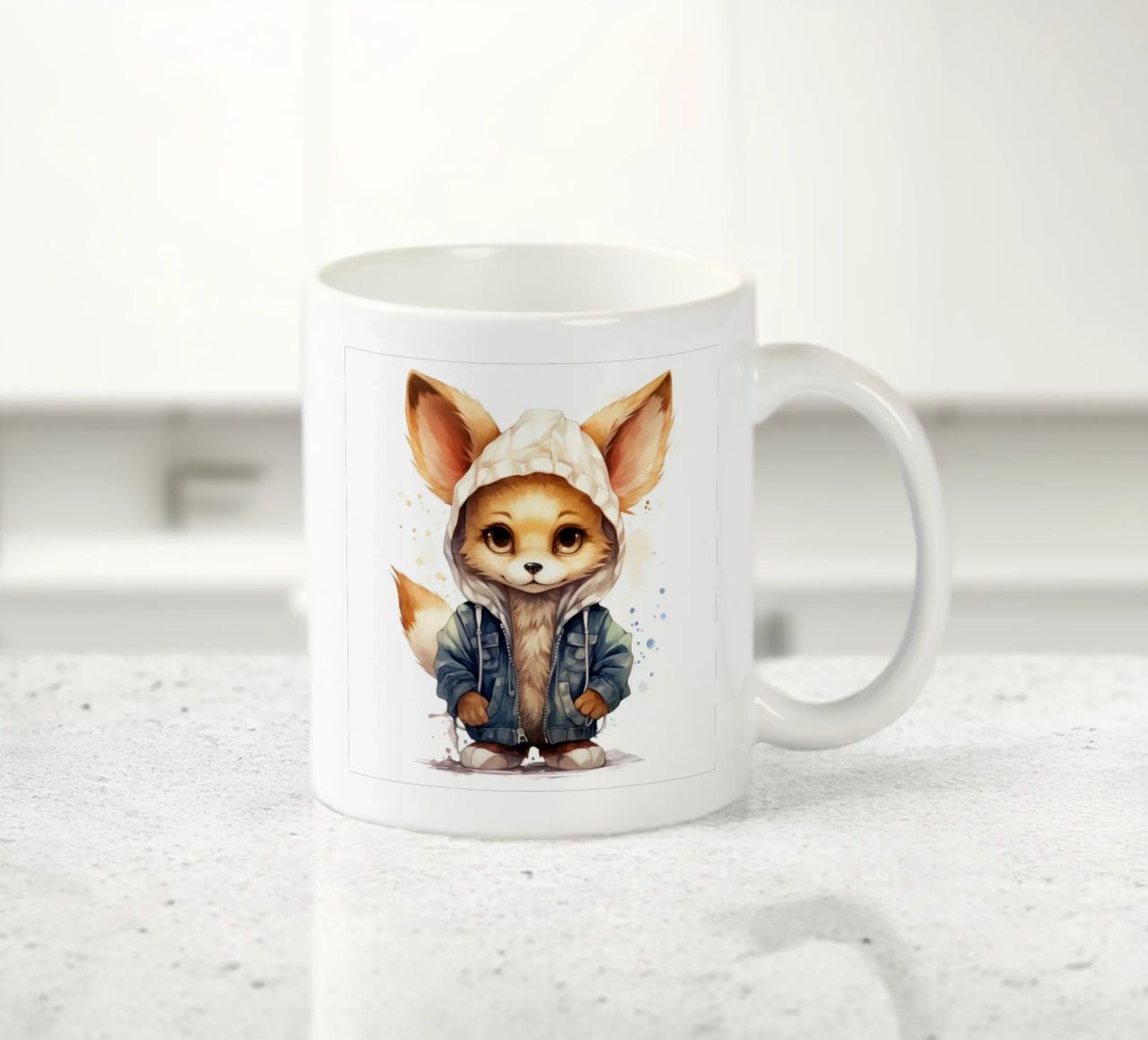 Acquerello Cartoon Fennec Fox in una felpa con cappuccio tazza in ceramica da Animal Portraits