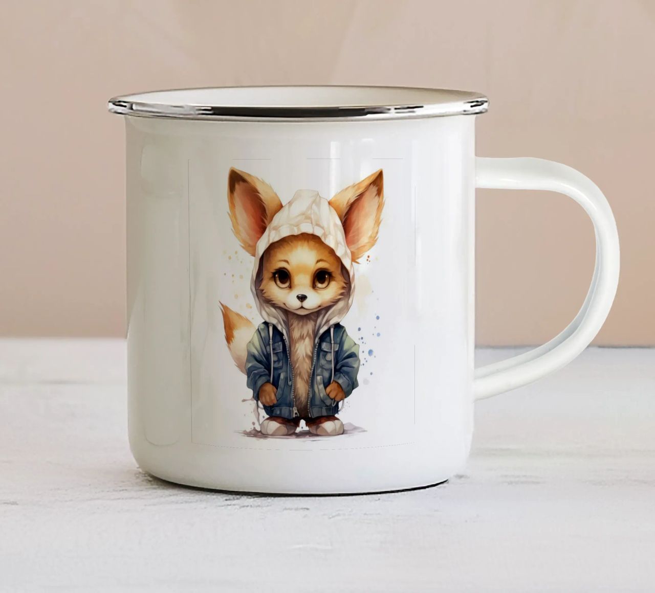Acquerello Cartoon Fennec Fox in una felpa con cappuccio tazza in smalto da Animal Portraits