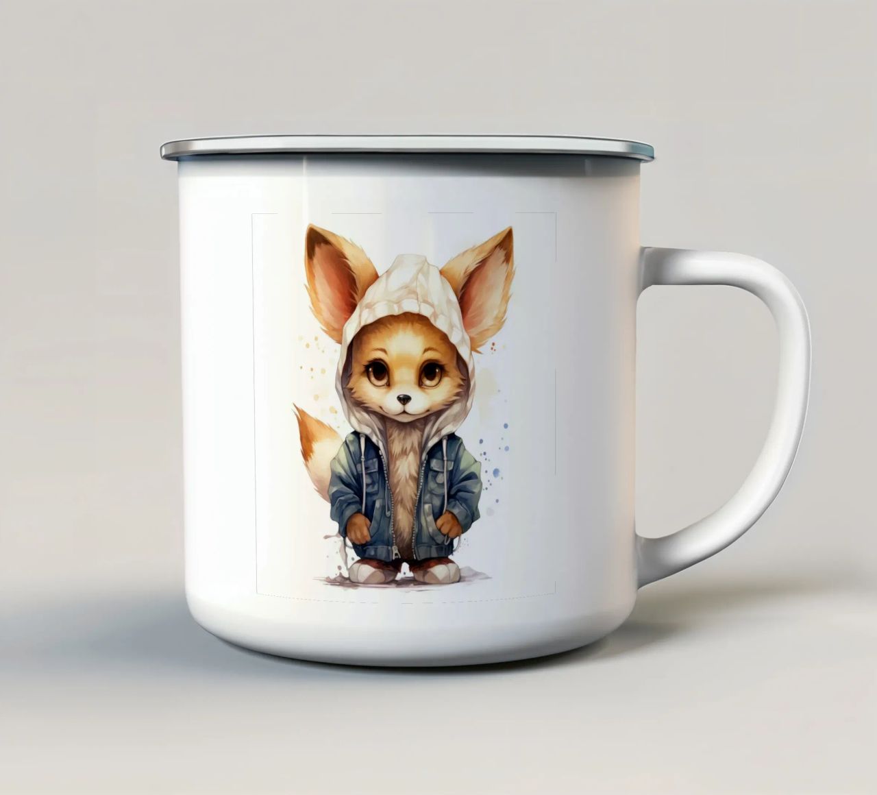 Acquerello Cartoon Fennec Fox in una felpa con cappuccio tazza in smalto da Animal Portraits
