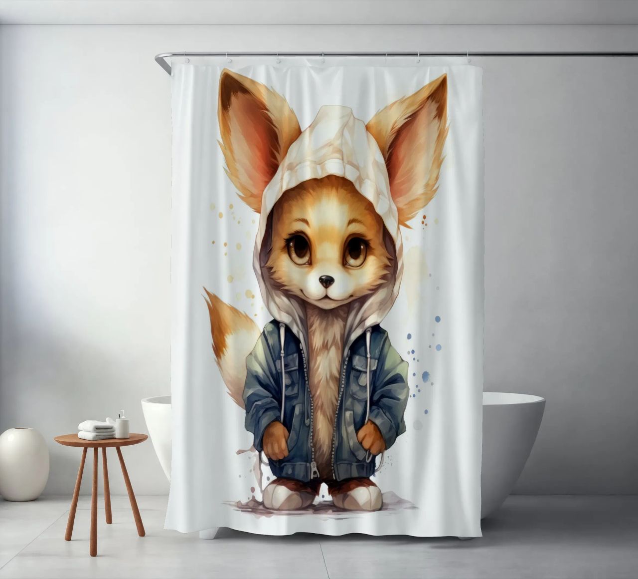 Acquerello Cartoon Fennec Fox in una felpa con cappuccio tenda da doccia da Animal Portraits