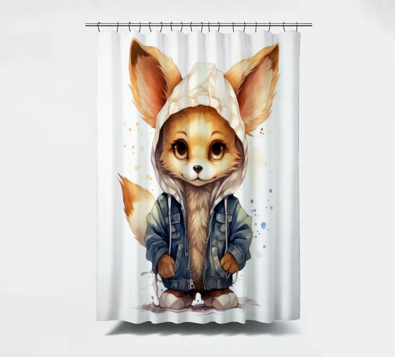 Acquerello Cartoon Fennec Fox in una felpa con cappuccio tenda da doccia da Animal Portraits
