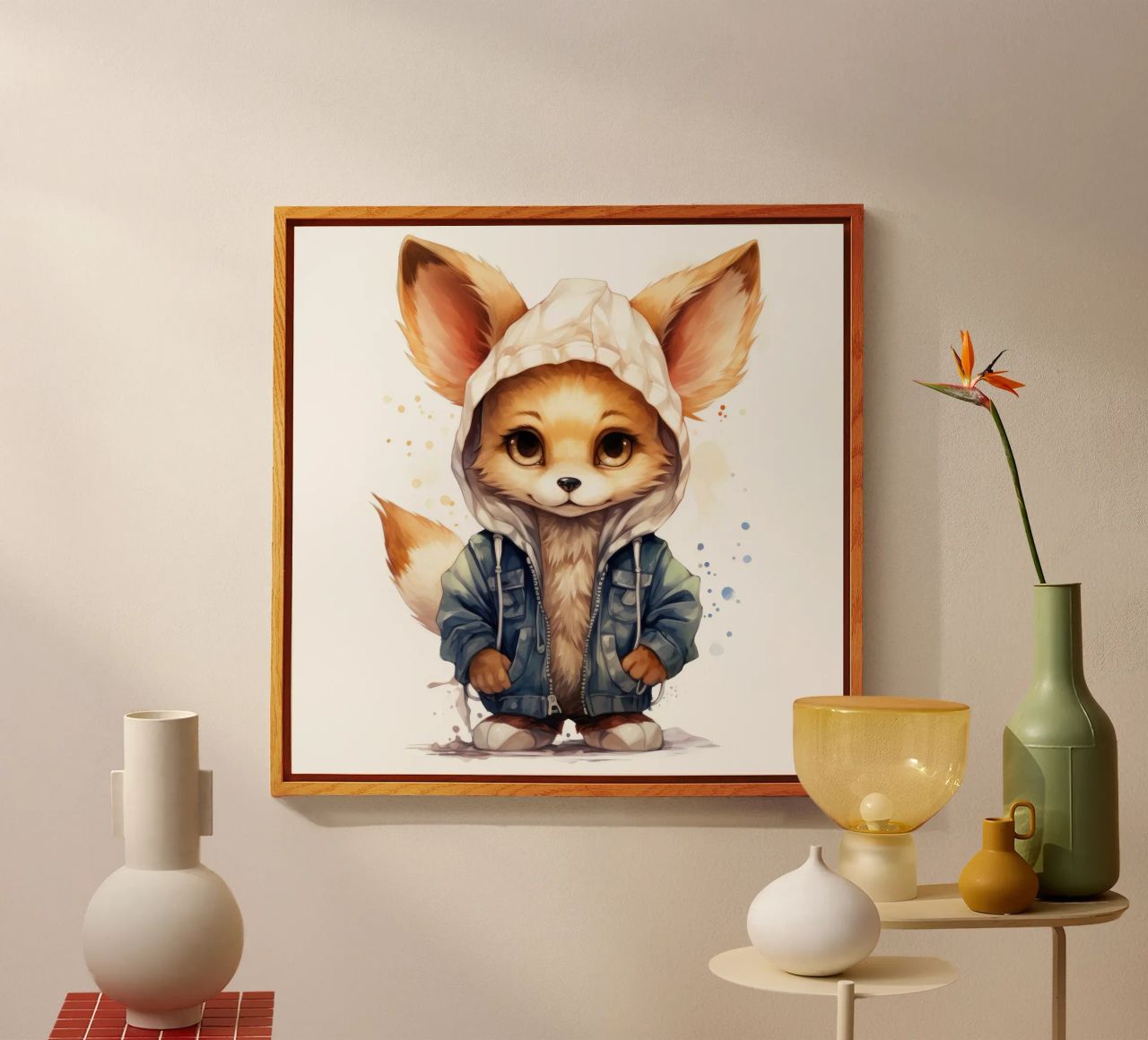 Acquerello Cartoon Fennec Fox in una felpa con cappuccio plexiglass da Animal Portraits