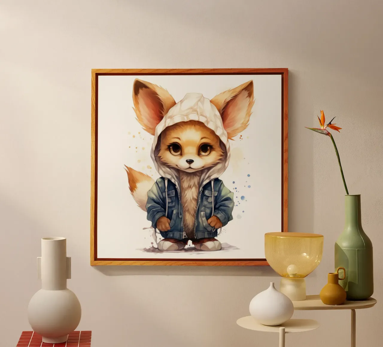 Acquerello Cartoon Fennec Fox in una felpa con cappuccio plexiglass da Animal Portraits