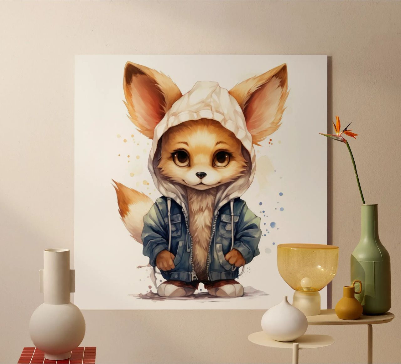 Acquerello Cartoon Fennec Fox in una felpa con cappuccio plexiglass da Animal Portraits