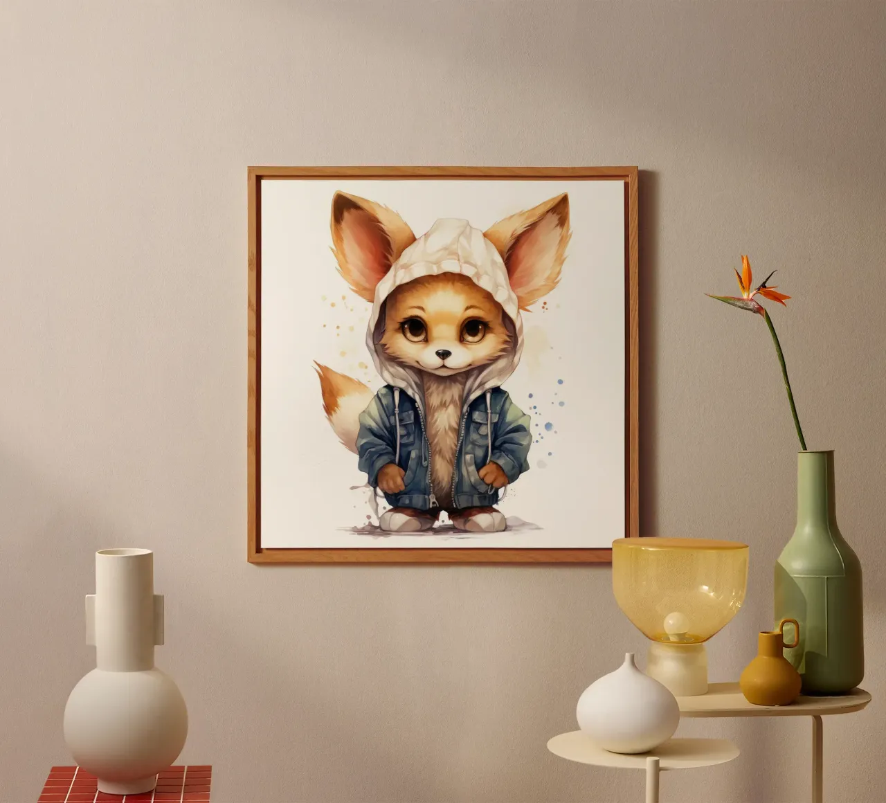 Acquerello Cartoon Fennec Fox in una felpa con cappuccio pannello forex da Animal Portraits