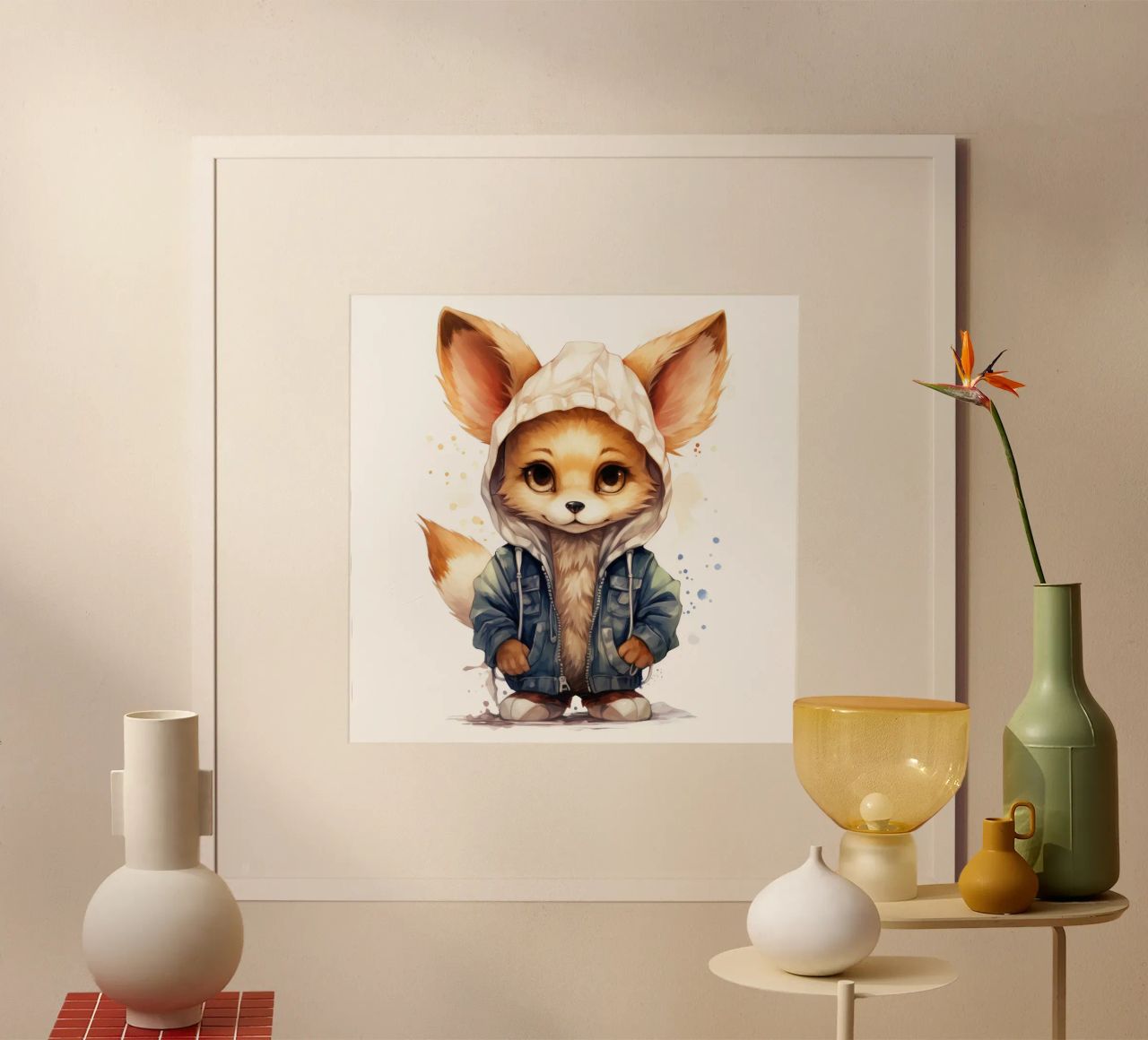 Acquerello Cartoon Fennec Fox in una felpa con cappuccio carta hahnemühle da Animal Portraits