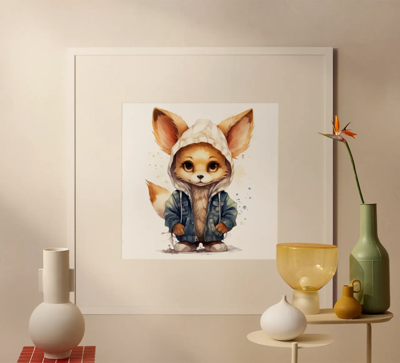 Acquerello Cartoon Fennec Fox in una felpa con cappuccio poster con telaio in alluminio da Animal Portraits