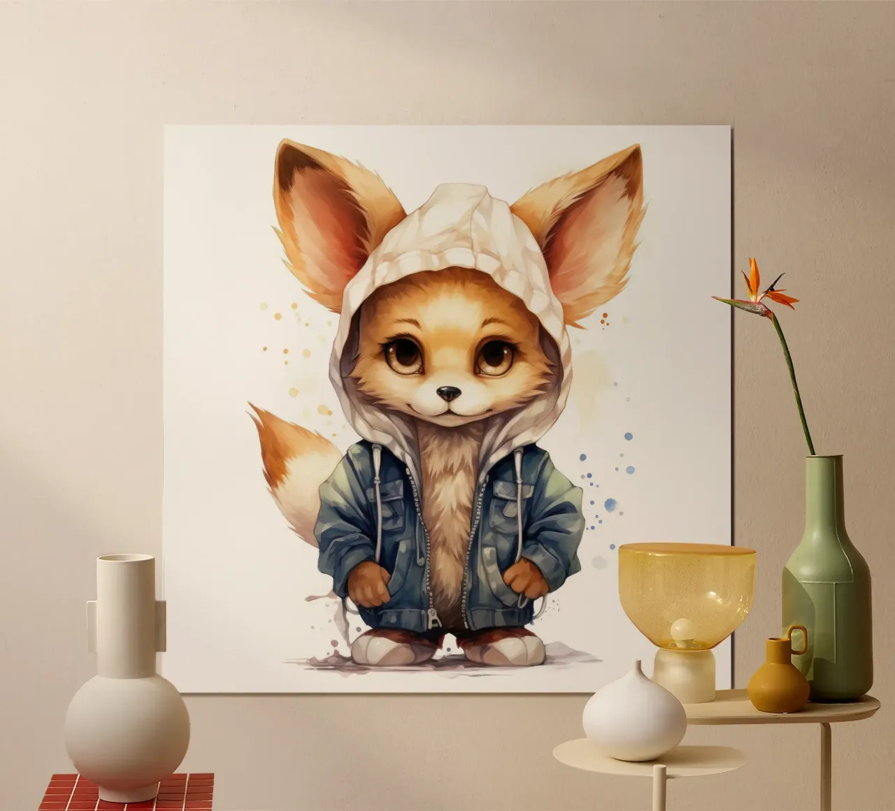 Acquerello Cartoon Fennec Fox in una felpa con cappuccio poster con telaio in alluminio da Animal Portraits