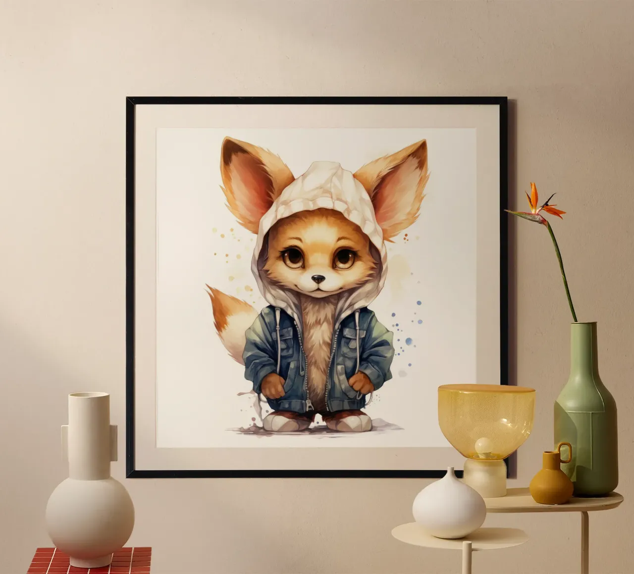 Acquerello Cartoon Fennec Fox in una felpa con cappuccio poster con telaio in alluminio da Animal Portraits