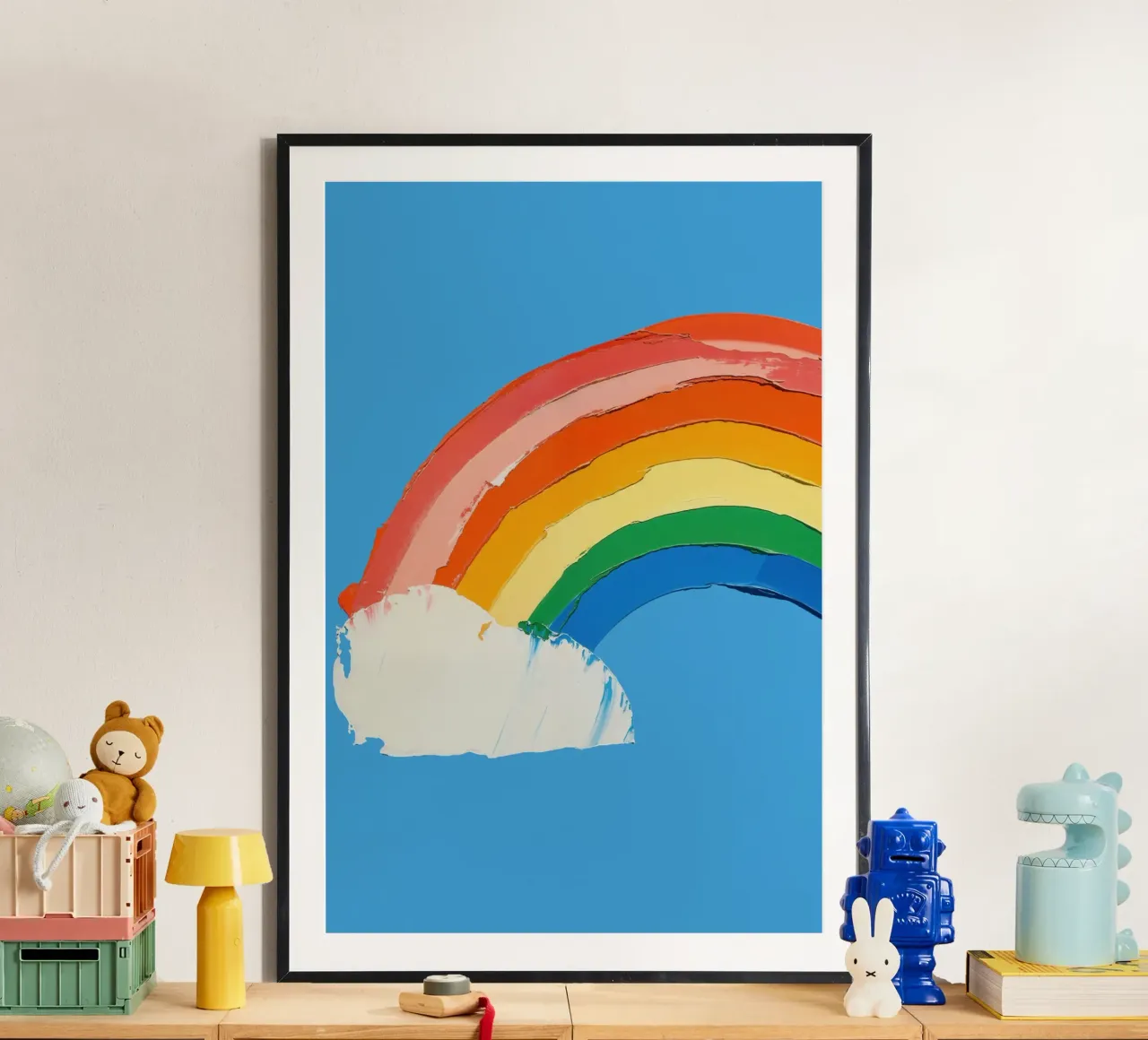 Arcobaleno su cielo blu poster con telaio in plastica da La Collagerie