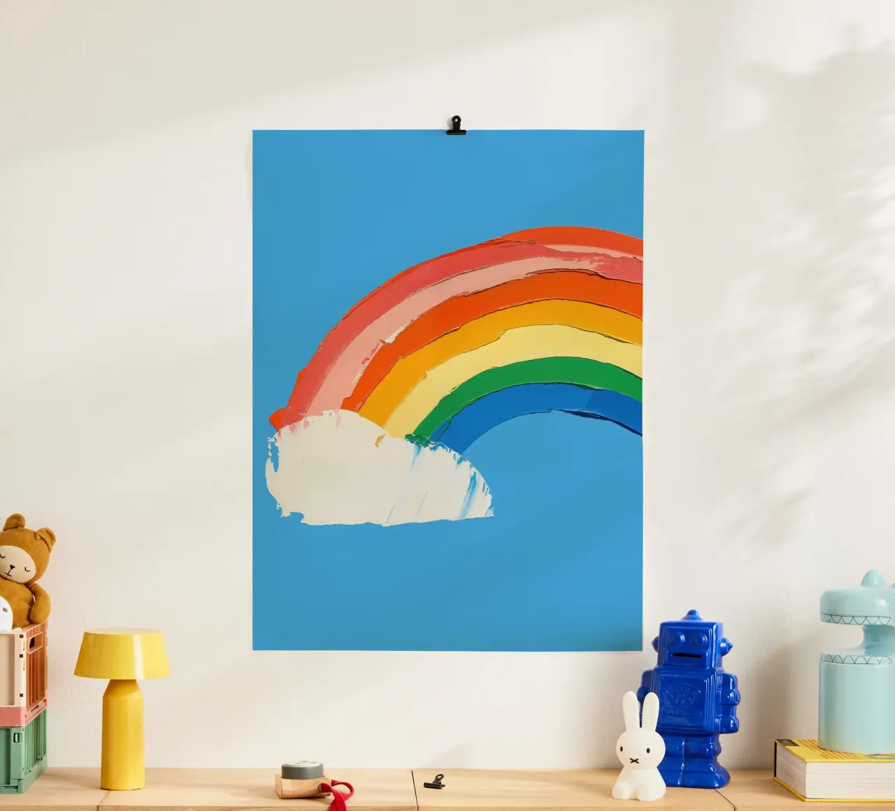 Arcobaleno su cielo blu poster con telaio in plastica da La Collagerie