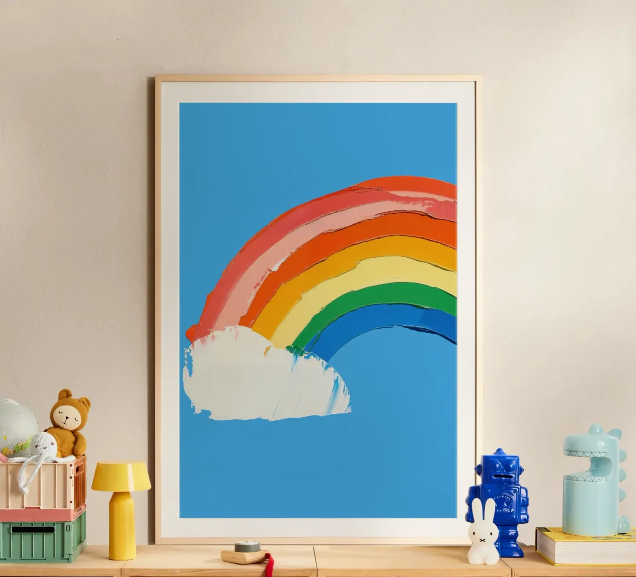 Arcobaleno su cielo blu poster con telaio in plastica da La Collagerie