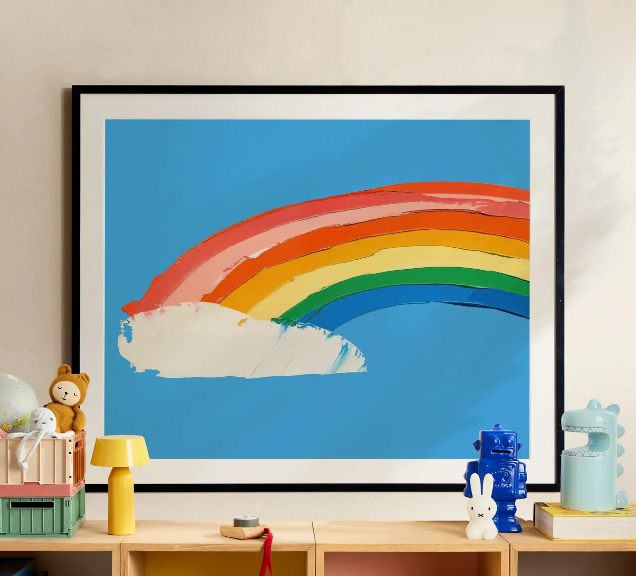 Arcobaleno su cielo blu poster con telaio in plastica da La Collagerie