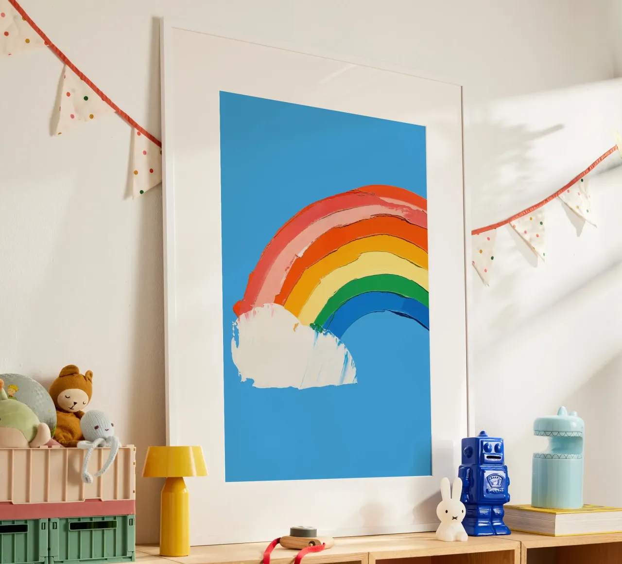 Arcobaleno su cielo blu poster con telaio in plastica da La Collagerie