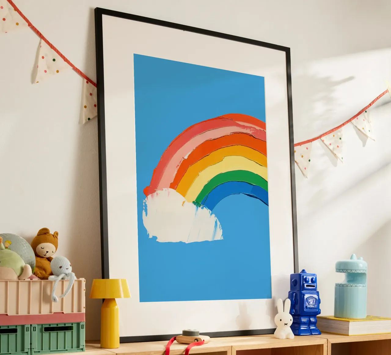 Arcobaleno su cielo blu poster con telaio in plastica da La Collagerie