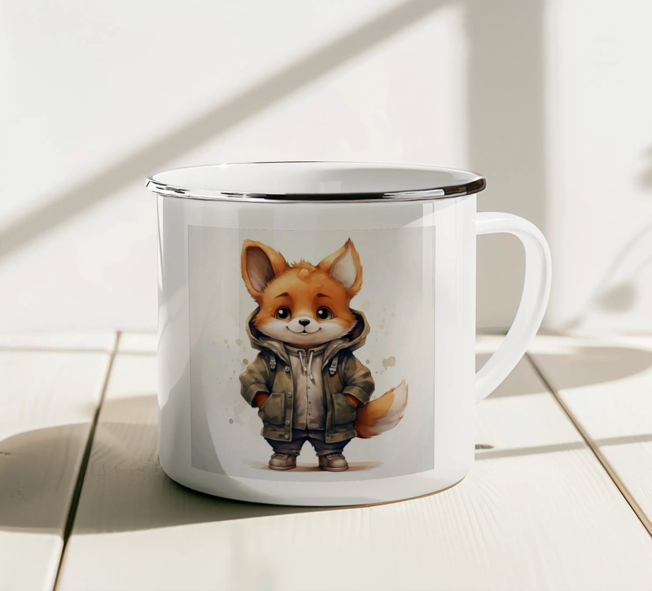 Volpe acquerellata con cappuccio tazza in smalto da Animal Portraits