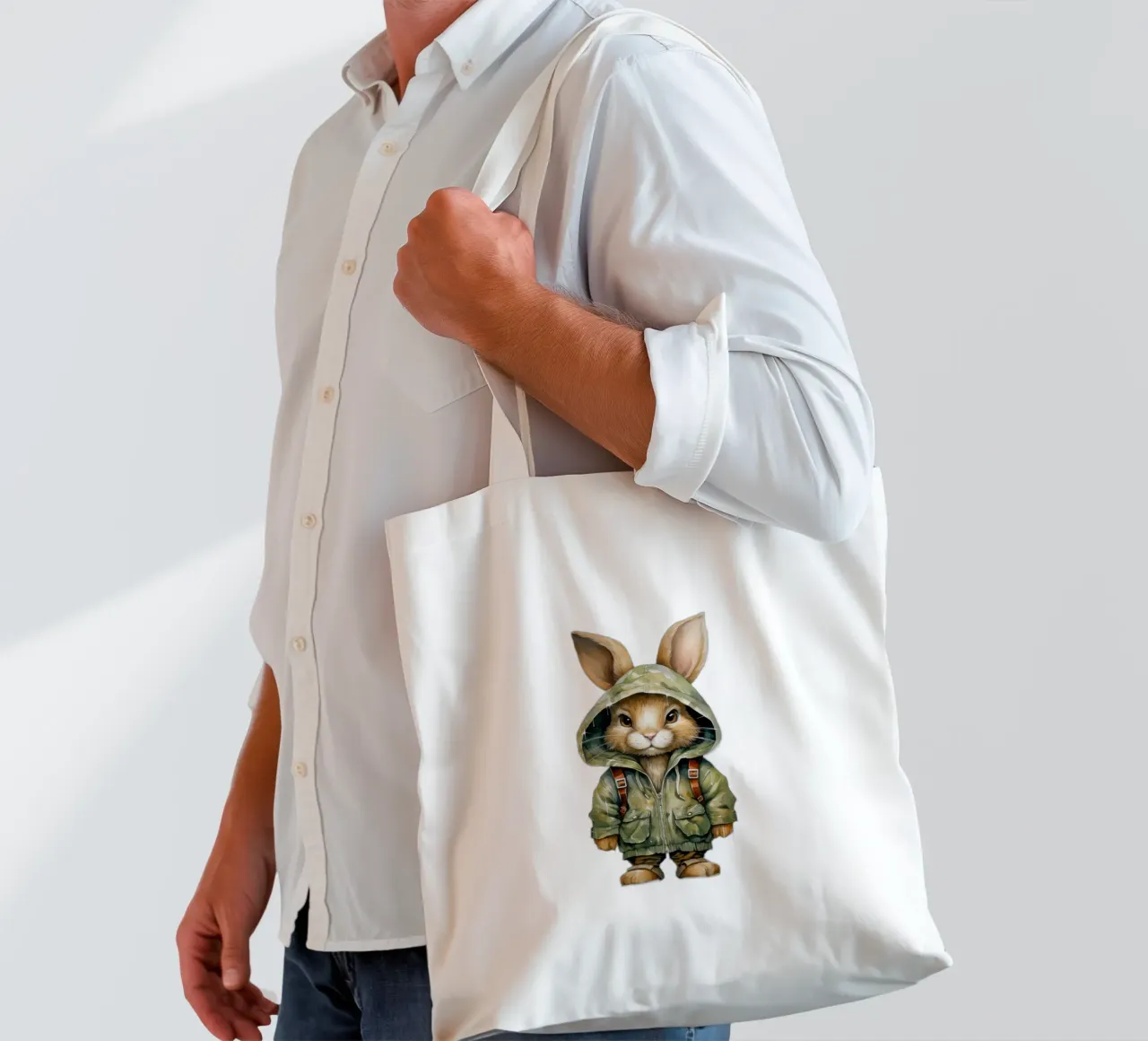 Lepre acquerellata in felpa con cappuccio borsa in juta da Animal Portraits