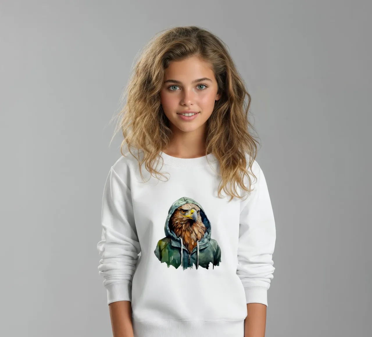 Acquerello Cartoon Hawk in una felpa con cappuccio felpa bambino da Animal Portraits