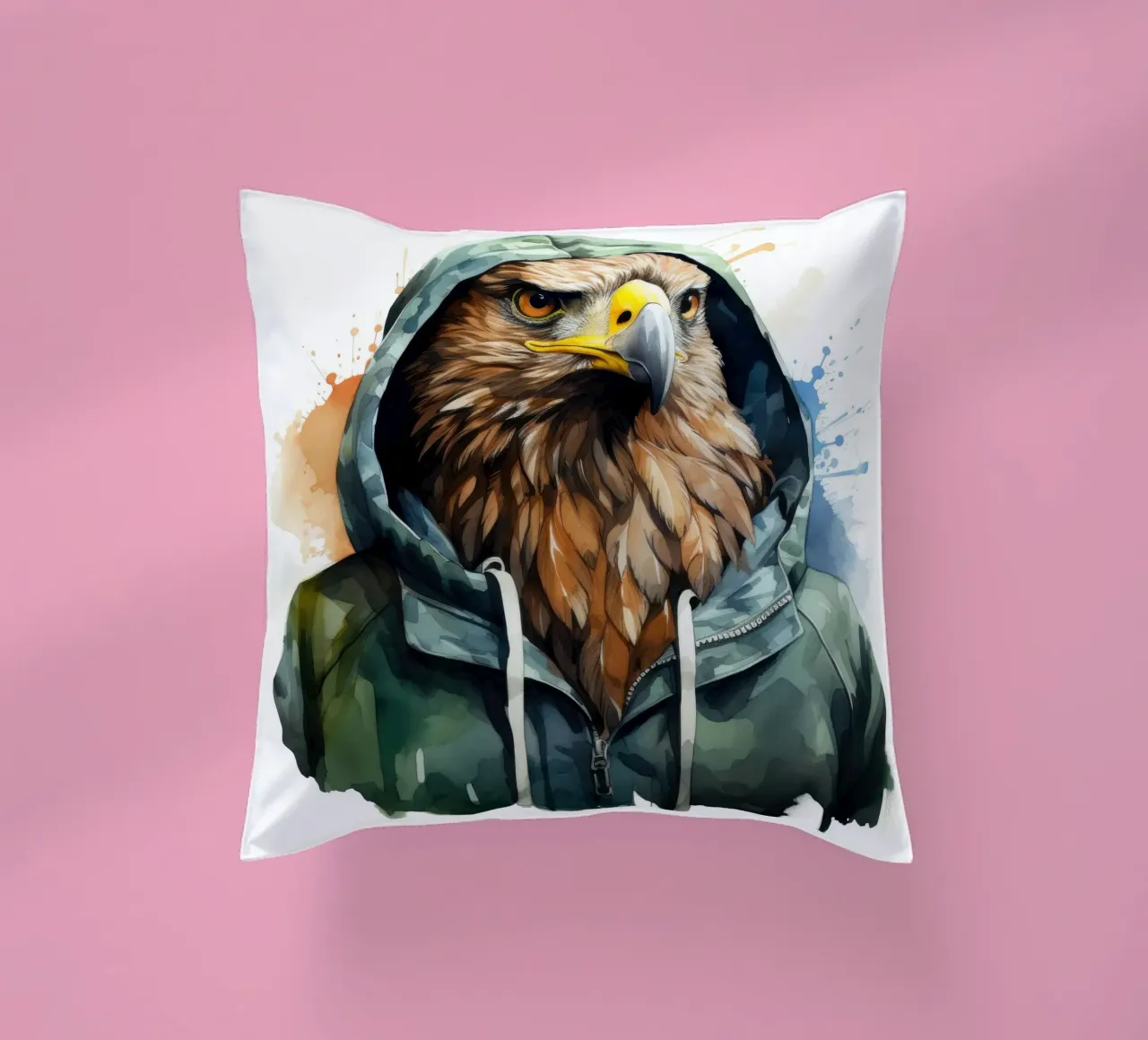 Acquerello Cartoon Hawk in una felpa con cappuccio cuscino da Animal Portraits
