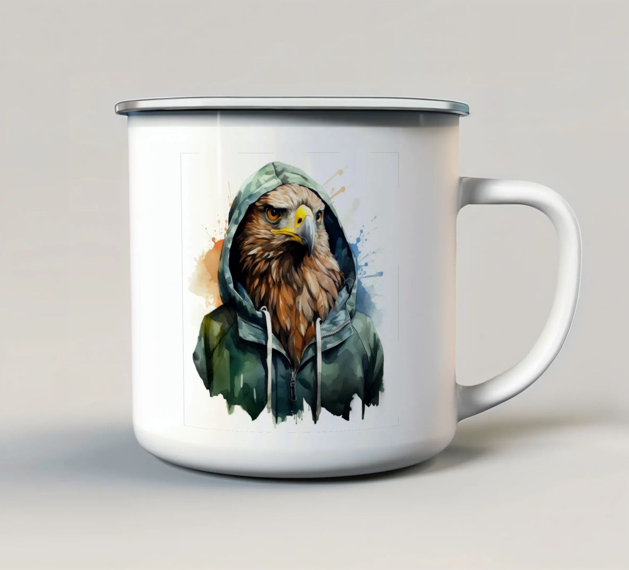 Acquerello Cartoon Hawk in una felpa con cappuccio tazza in smalto da Animal Portraits