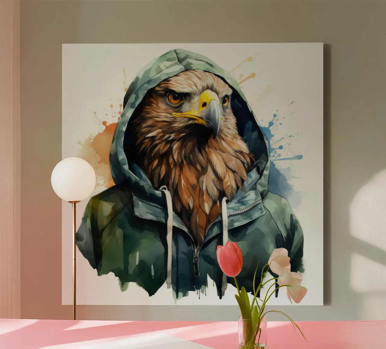Acquerello Cartoon Hawk in una felpa con cappuccio tela con Cornice a cassetta da Animal Portraits