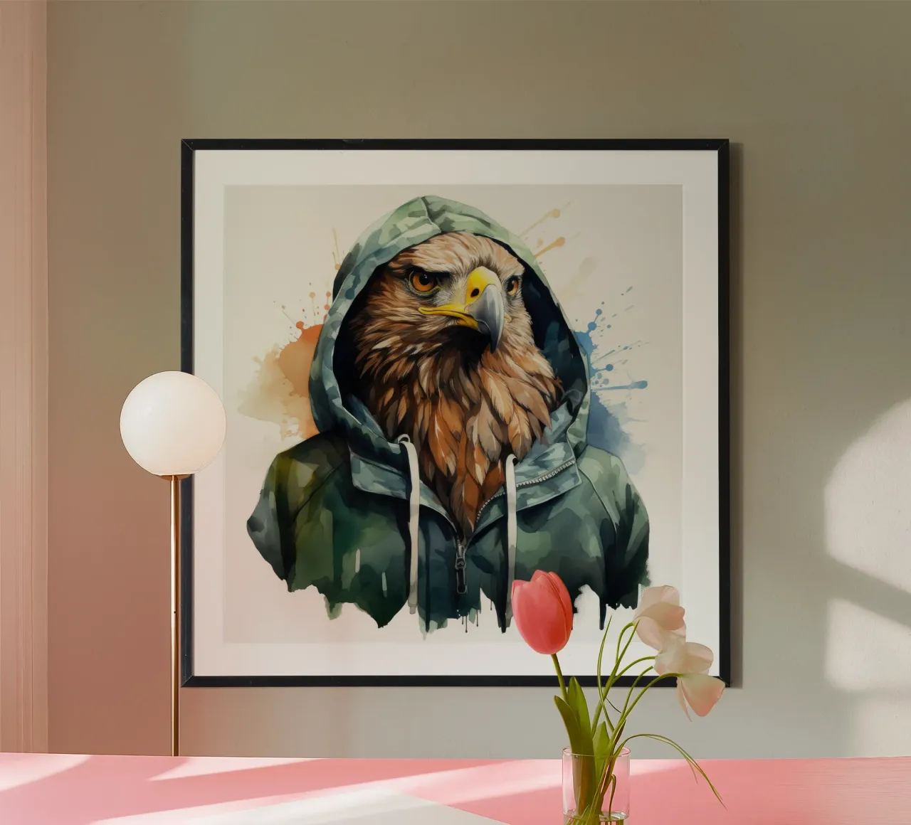 Acquerello Cartoon Hawk in una felpa con cappuccio carta hahnemühle da Animal Portraits